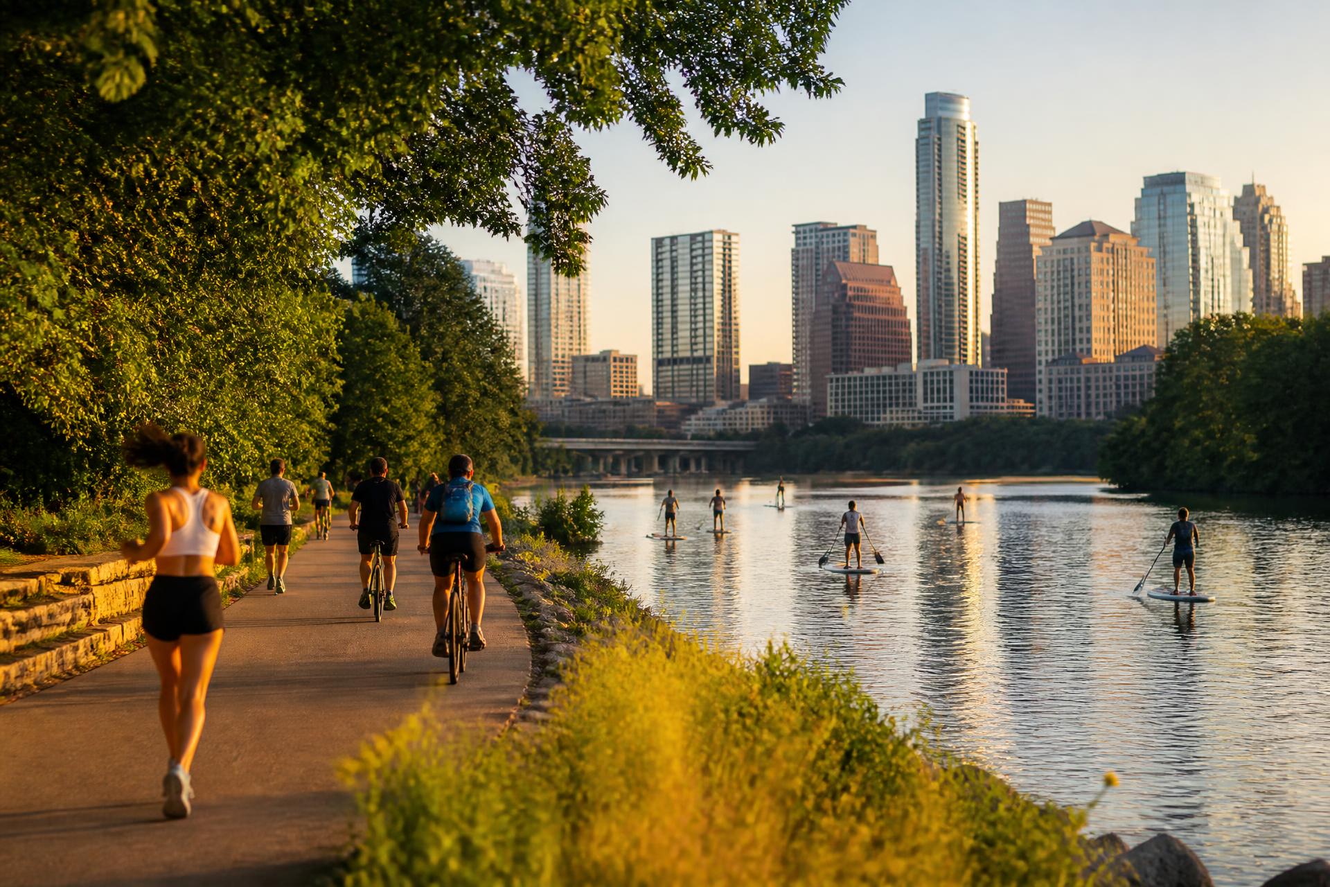 Runners and cyclists on the Austin hike and bike trail along Lady Bird Lake with paddle boarders and the downtown skyline at golden hour